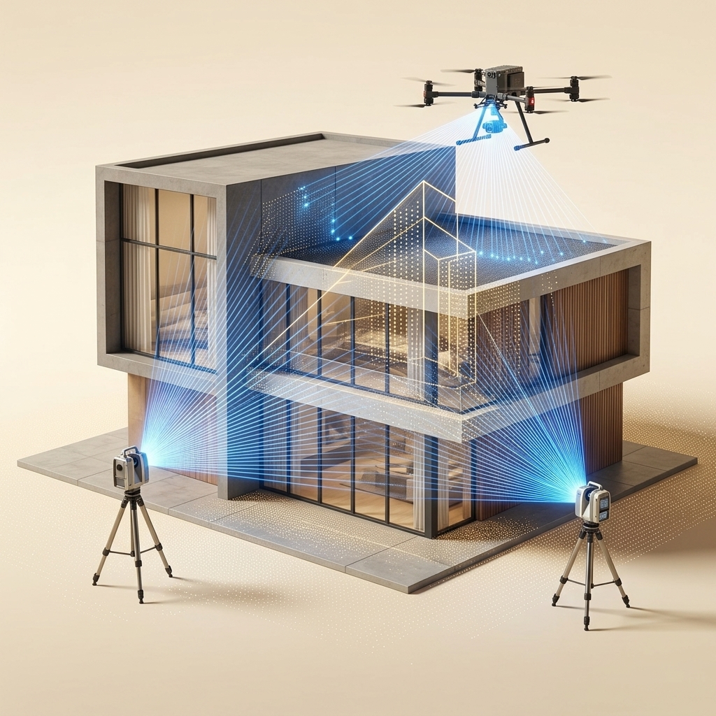 LiDAR scanning equipment capturing a building with laser beams and drone overhead