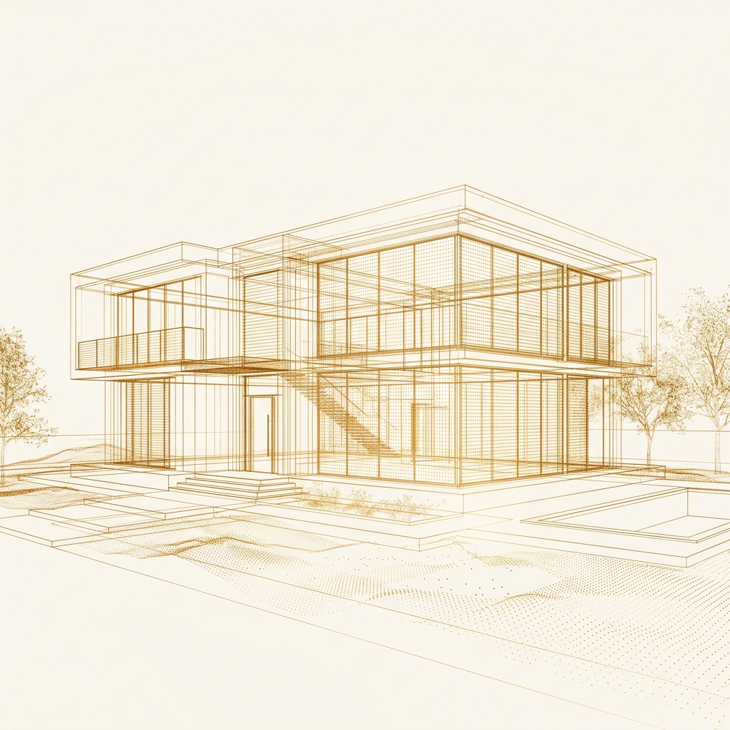 Architectural wireframe point cloud visualization of a modern building