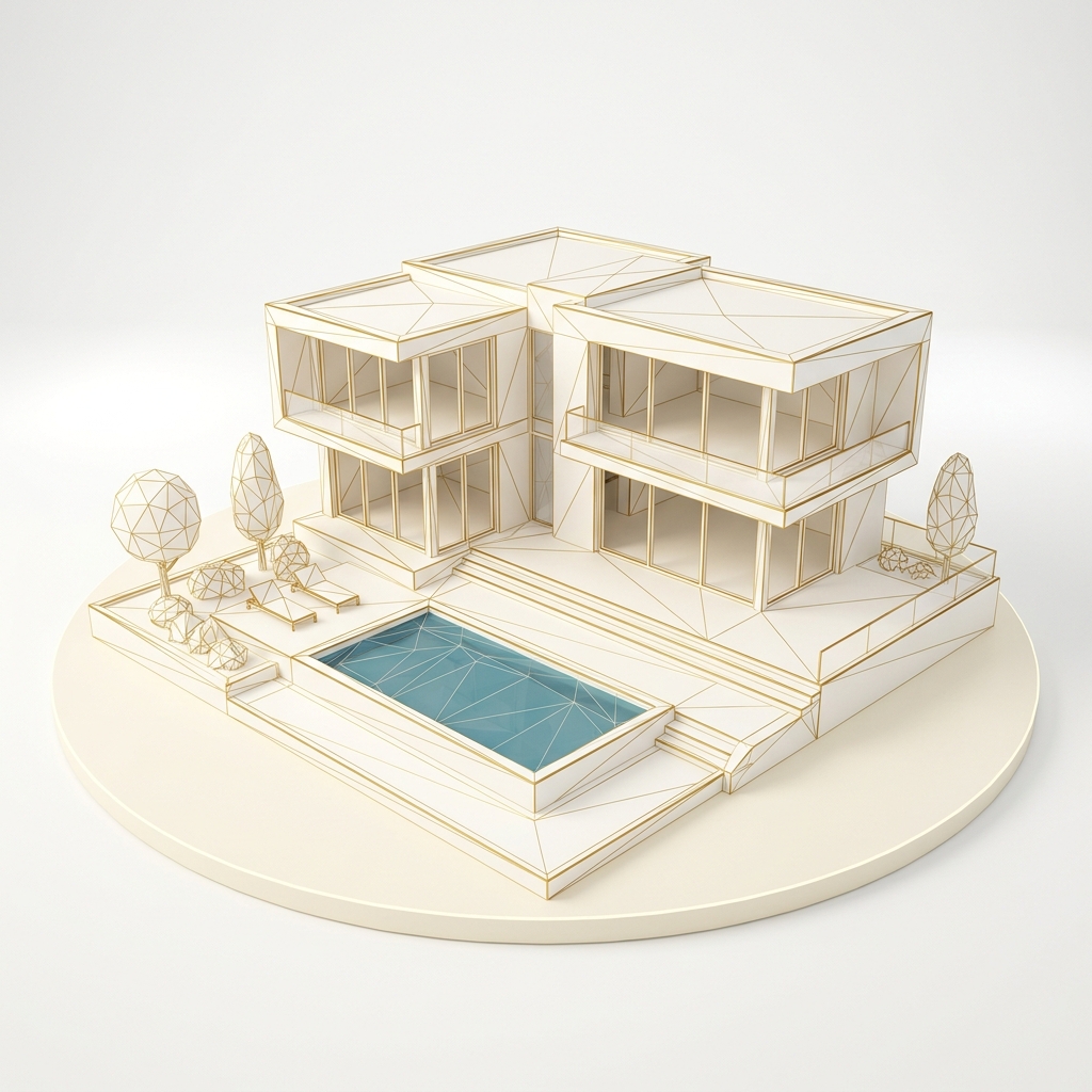 Low-polygon mesh model of a modern architectural building