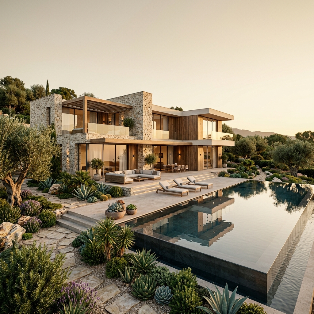 Photorealistic rendered architectural visualization with textures and landscaping